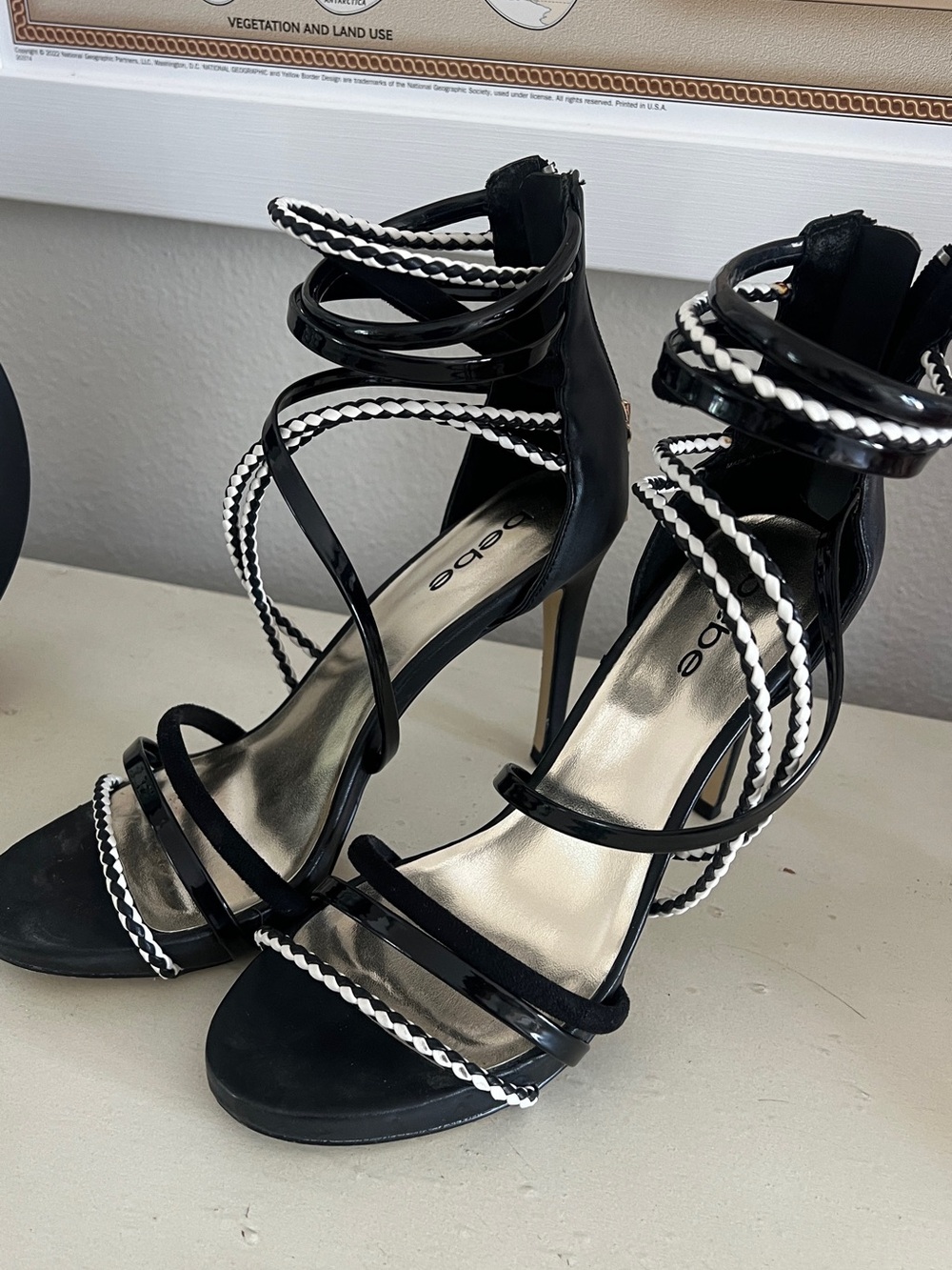 bebe Black and White Braided Strappy High Heel Sandals